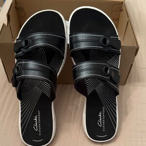 Clarks CLOUDSTEPPERS Women's Adjustable Black Slide Sandals with White Accents
